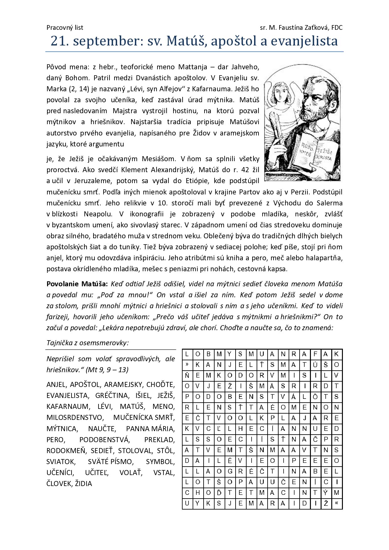 Sv. Matúš apoštol a evanjelista – pracovný list pre BO 2018/2019