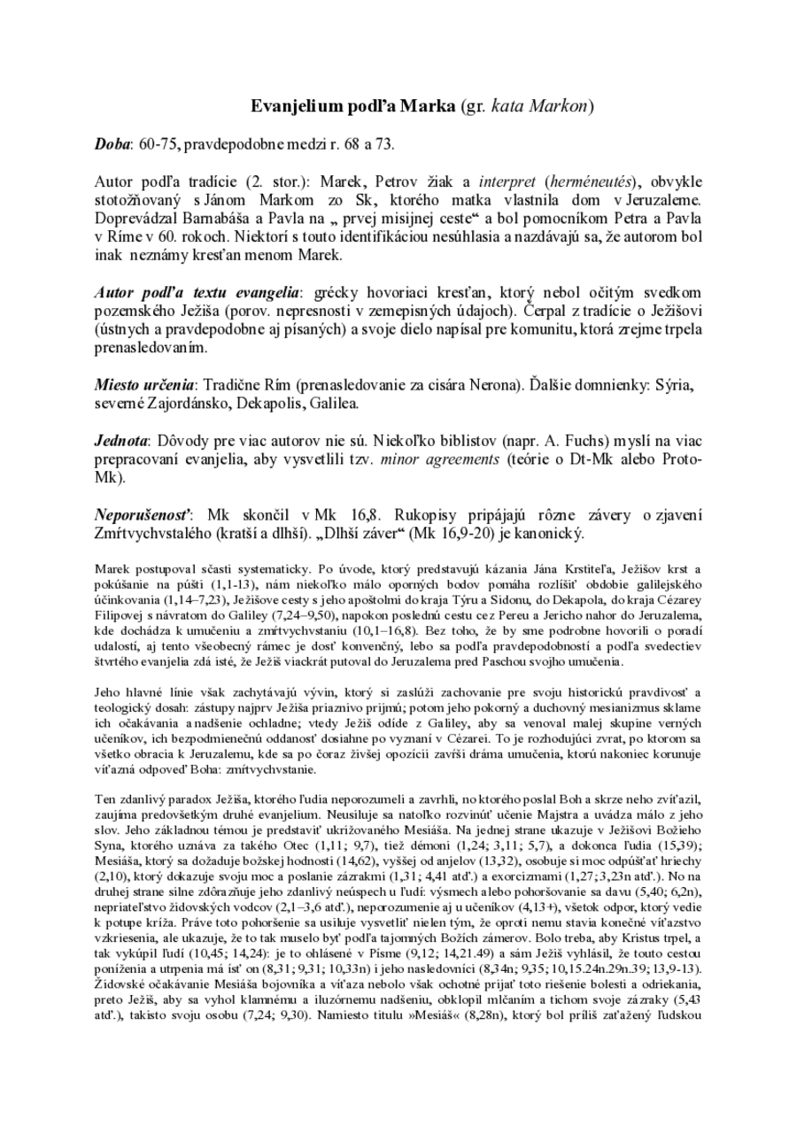 Evanjelium podľa Marka – prednáška k Biblickej olympiáde
